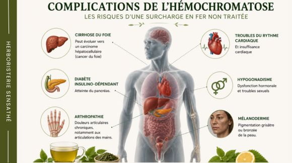 Infographie illustrant les principales complications de l'hémochromatose liées à une surcharge en fer non traitée - Herboristerie Sensathé